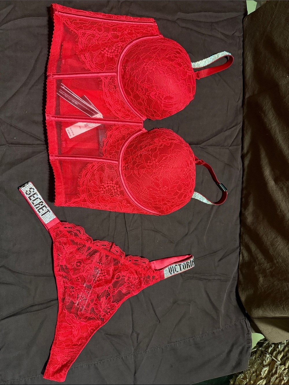 Victoria's Secret Red Lace Longline Bra and Lace Thong Set